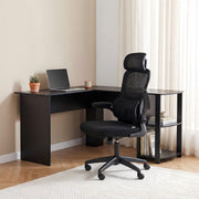 Artiss Office Desk and Chair Set L Shaped Computer Desk 136cm with 2 Tier Storage Shelves, Ergonomic Mesh Office Chair with Adjustable Headrest, Flip-Up Armrests & Lumbar Support