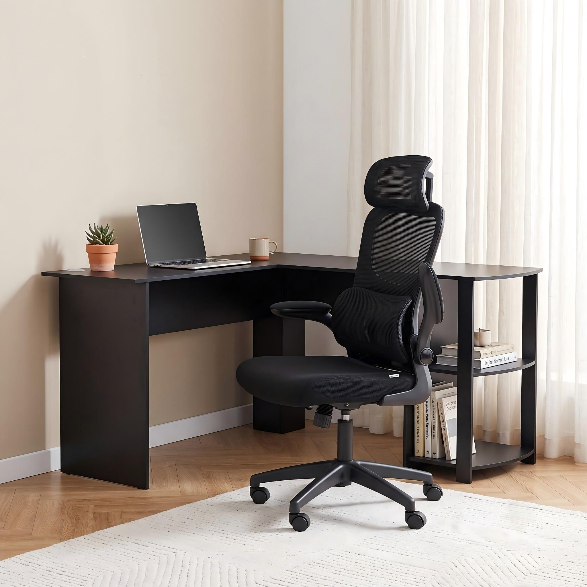 Artiss Office Desk and Chair Set L Shaped Computer Desk 136cm with 2 Tier Storage Shelves, Ergonomic Mesh Office Chair with Adjustable Headrest, Flip-Up Armrests & Lumbar Support