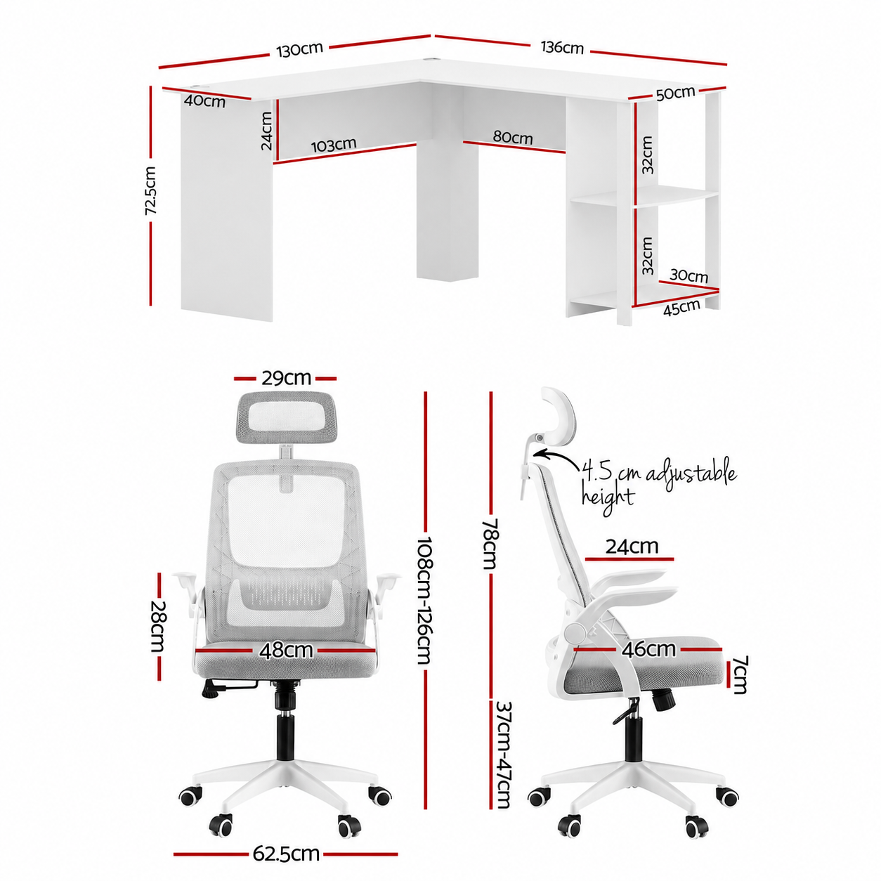 Artiss Home Office Desk and Chair Set, 136cm L Shaped Computer Desk with Shelves & Cable Management, Ergonomic Mesh Office Chair with Adjustable Headrest, Flip-Up Armrests