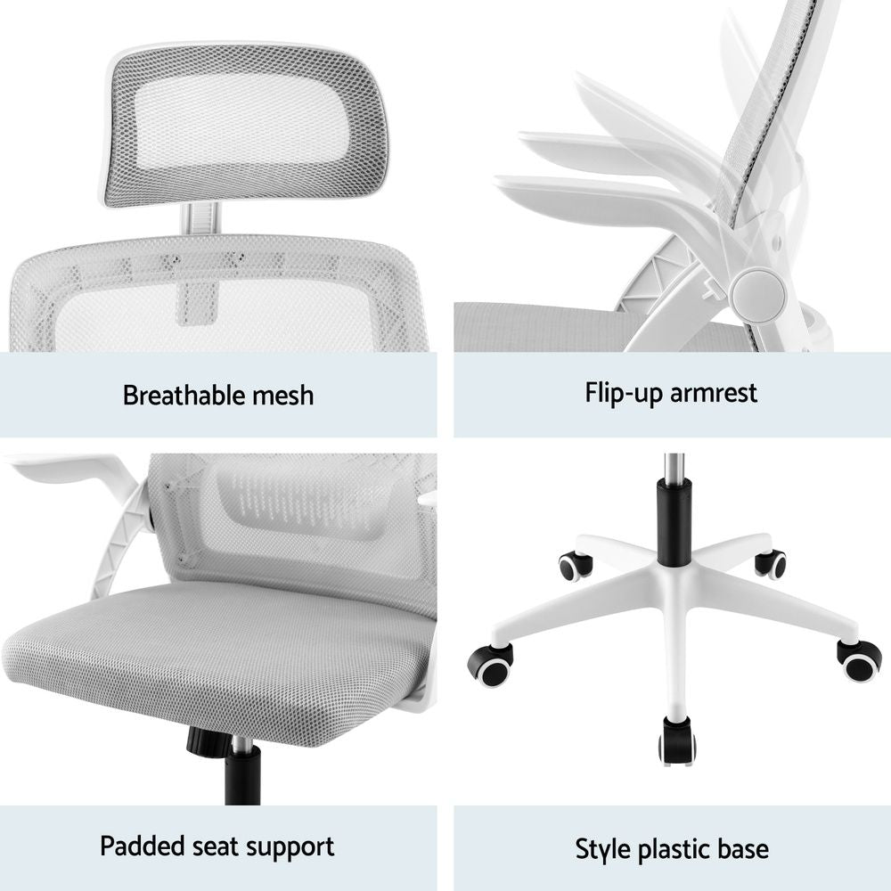 Artiss Home Office Desk and Chair Set, 136cm L Shaped Computer Desk with Shelves & Cable Management, Ergonomic Mesh Office Chair with Adjustable Headrest, Flip-Up Armrests