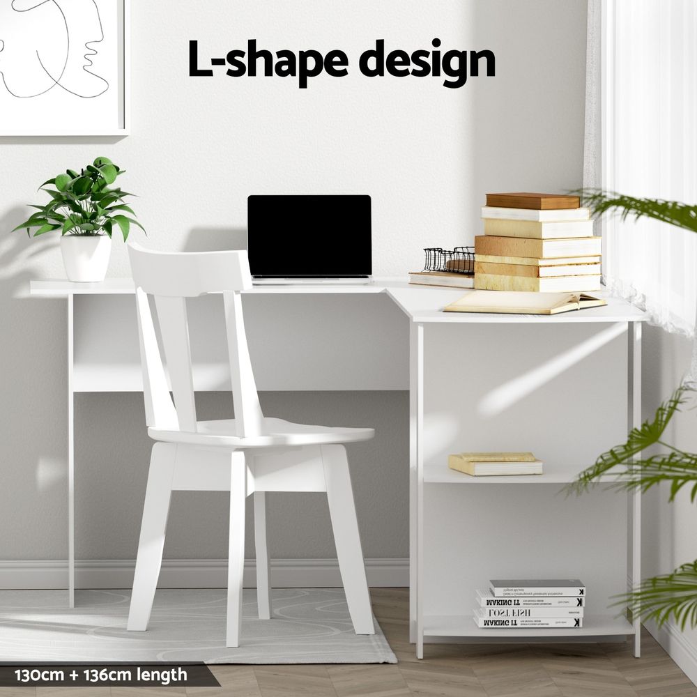 Artiss Home Office Desk and Chair Set, 136cm L Shaped Computer Desk with Shelves & Cable Management, Ergonomic Mesh Office Chair with Adjustable Headrest, Flip-Up Armrests