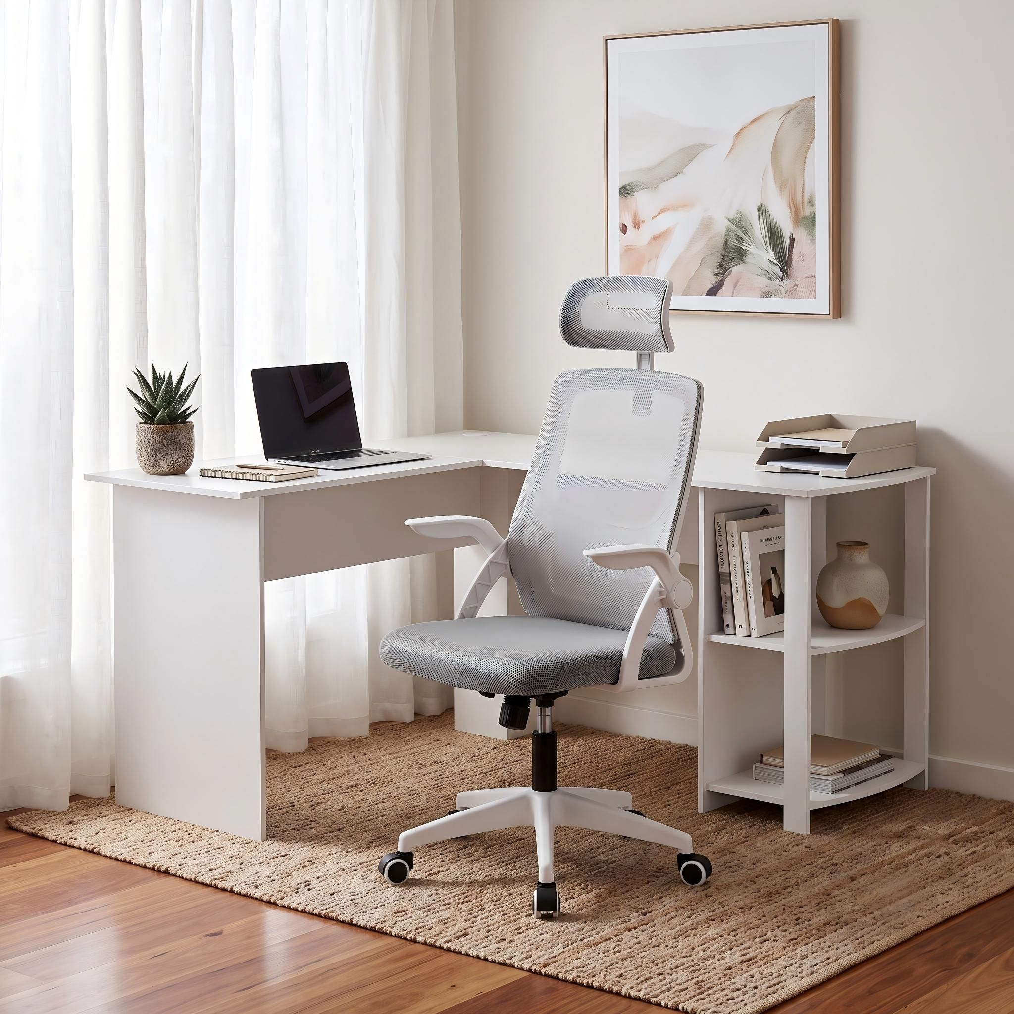 Artiss Home Office Desk and Chair Set, 136cm L Shaped Computer Desk with Shelves & Cable Management, Ergonomic Mesh Office Chair with Adjustable Headrest, Flip-Up Armrests