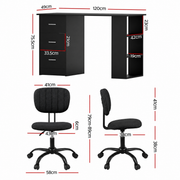 Artiss Office Desk & Chair Set 120cm Computer Desk with 3 Drawers & Open Shelves, Ergonomic Armless Office Chair with Wheels, Height Adjustable for Home Office Study