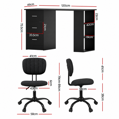 Artiss Office Desk & Chair Set 120cm Computer Desk with 3 Drawers & Open Shelves, Ergonomic Armless Office Chair with Wheels, Height Adjustable for Home Office Study
