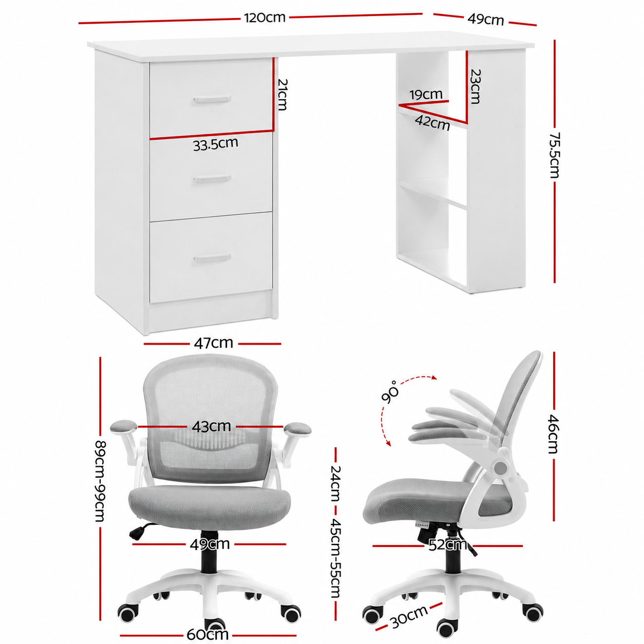 Artiss Computer Desk & Ergonomic Office Chair Set 120cm Home Office Study Desk with 3 Drawers & 3 Shelves, Mesh Computer Chair with Flip-Up Armrests