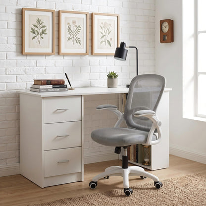 Artiss Computer Desk & Ergonomic Office Chair Set 120cm Home Office Study Desk with 3 Drawers & 3 Shelves, Mesh Computer Chair with Flip-Up Armrests