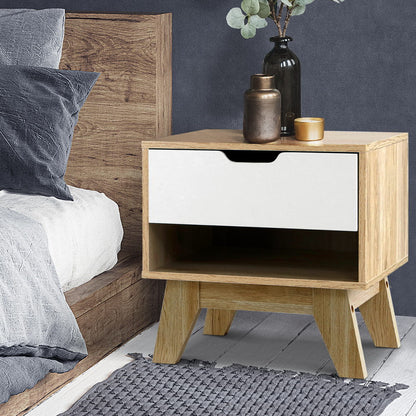 Artiss Bedside Table 1 Drawer with Shelf - IKER White & Oak FURNI-E-ARD-WH