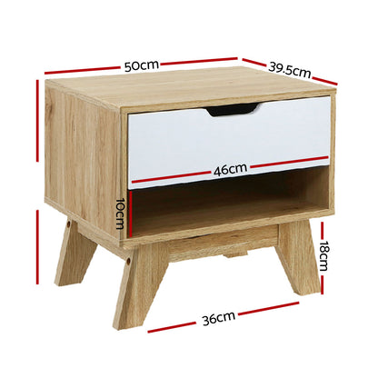 Artiss Bedside Table 1 Drawer with Shelf - IKER White & Oak FURNI-E-ARD-WH