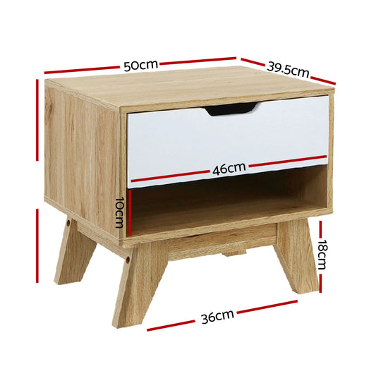 Artiss Bedside Table 1 Drawer with Shelf - IKER White & Oak FURNI-E-ARD-WH