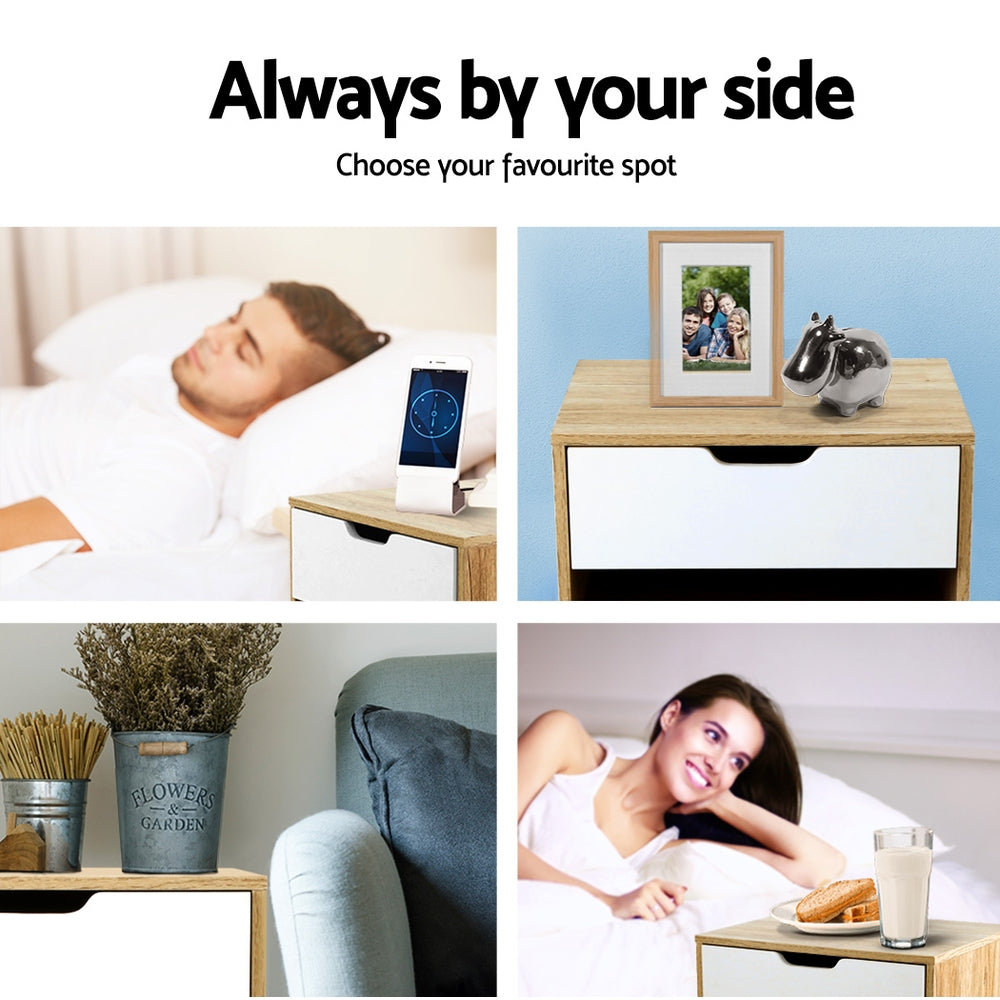 Artiss Bedside Table 1 Drawer with Shelf - IKER White & Oak FURNI-E-ARD-WH
