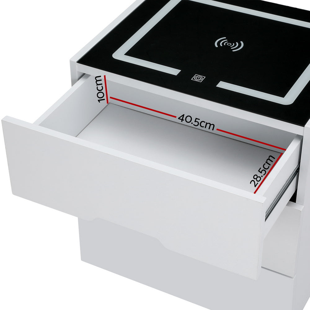 Artiss Smart Bedside Table 3 Drawers with Wireless Charging Ports LED White ADAD FURNI-E-BS-LED-01-WH