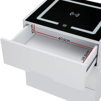 Artiss Smart Bedside Table 3 Drawers with Wireless Charging Ports LED White ADAD FURNI-E-BS-LED-01-WH