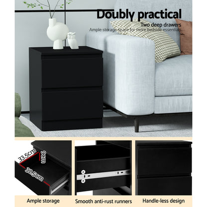 Artiss 2x Bedside Table 2 Drawers - PEPE Black FURNI-E-PURE-BKX2