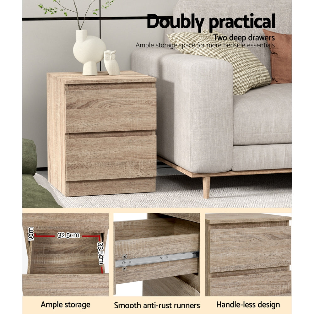 Artiss 2x Bedside Table 2 Drawers - PEPE Oak FURNI-E-PURE-WDX2
