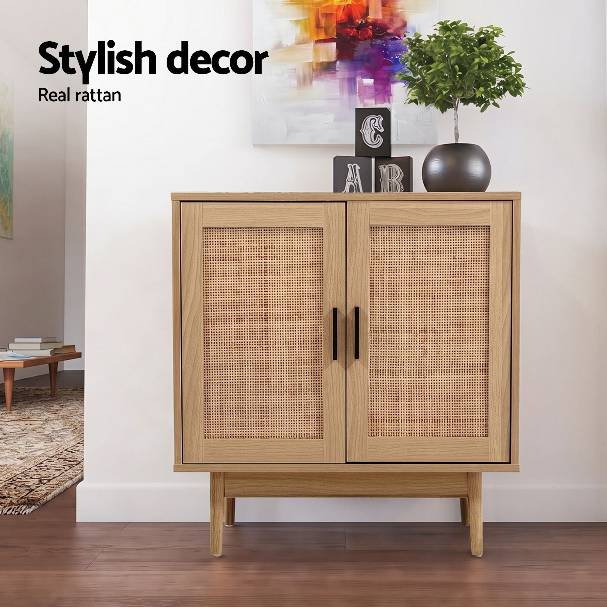 Artiss 2x Buffet Sideboard Cabinet Rattan Cupboard 2 Doors Storage Pantry BRIONY FURNI-E-RAT-SID90-WDX2