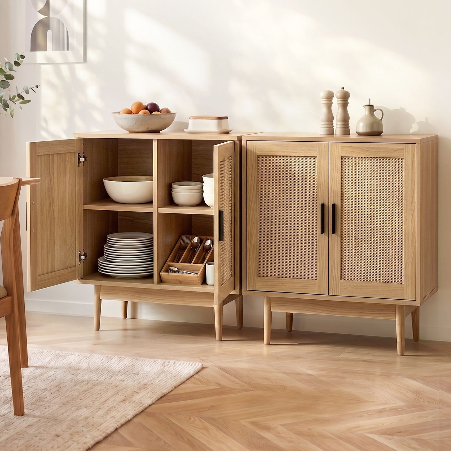 Artiss 2x Buffet Sideboard Cabinet Rattan Cupboard 2 Doors Storage Pantry BRIONY FURNI-E-RAT-SID90-WDX2