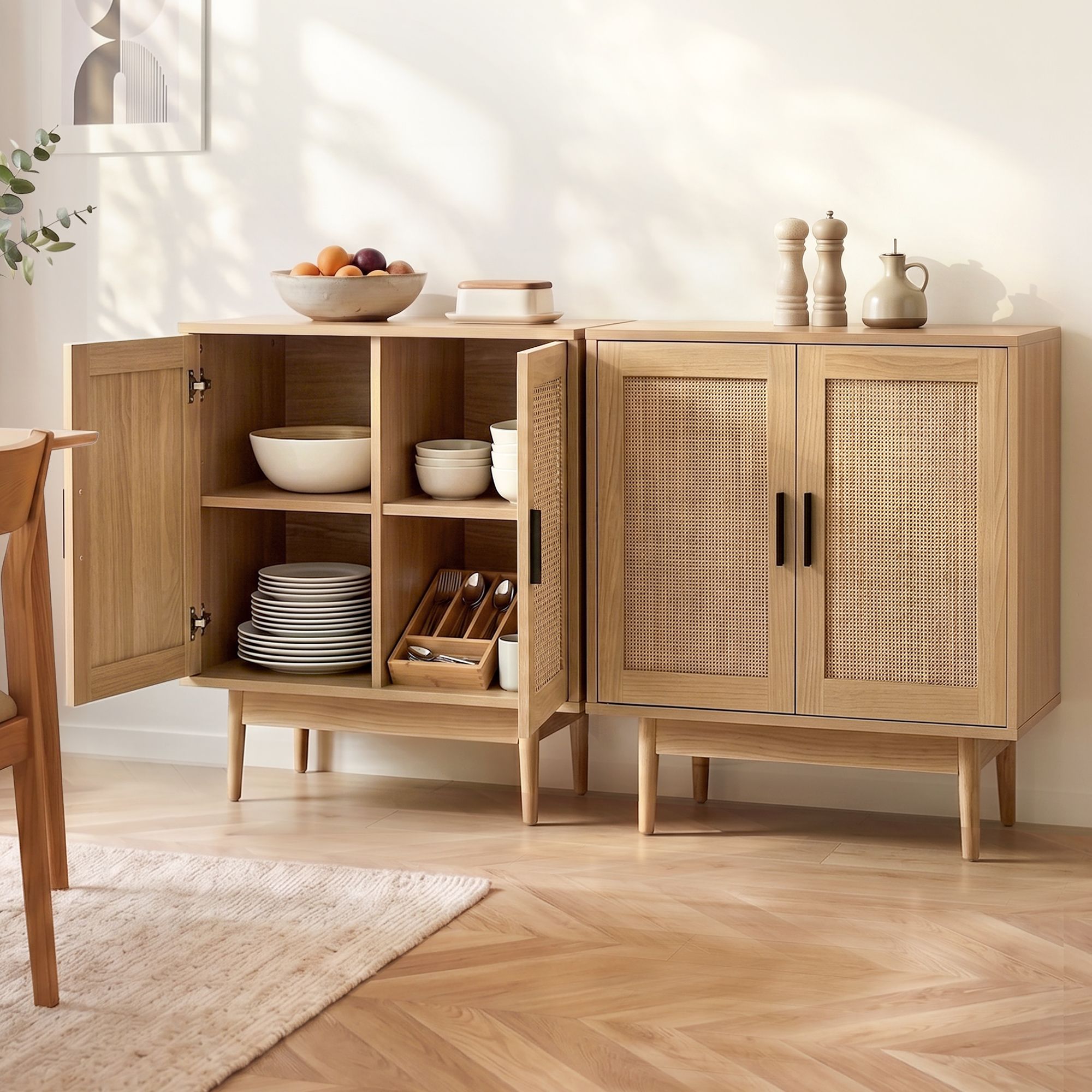 Artiss 2x Buffet Sideboard Cabinet Rattan Cupboard 2 Doors Storage Pantry BRIONY FURNI-E-RAT-SID90-WDX2
