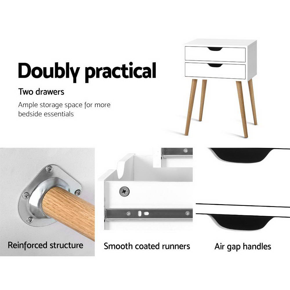 Artiss Bedside Table 2 Drawers - BODIE White FURNI-E-SCAN-BS02-WH
