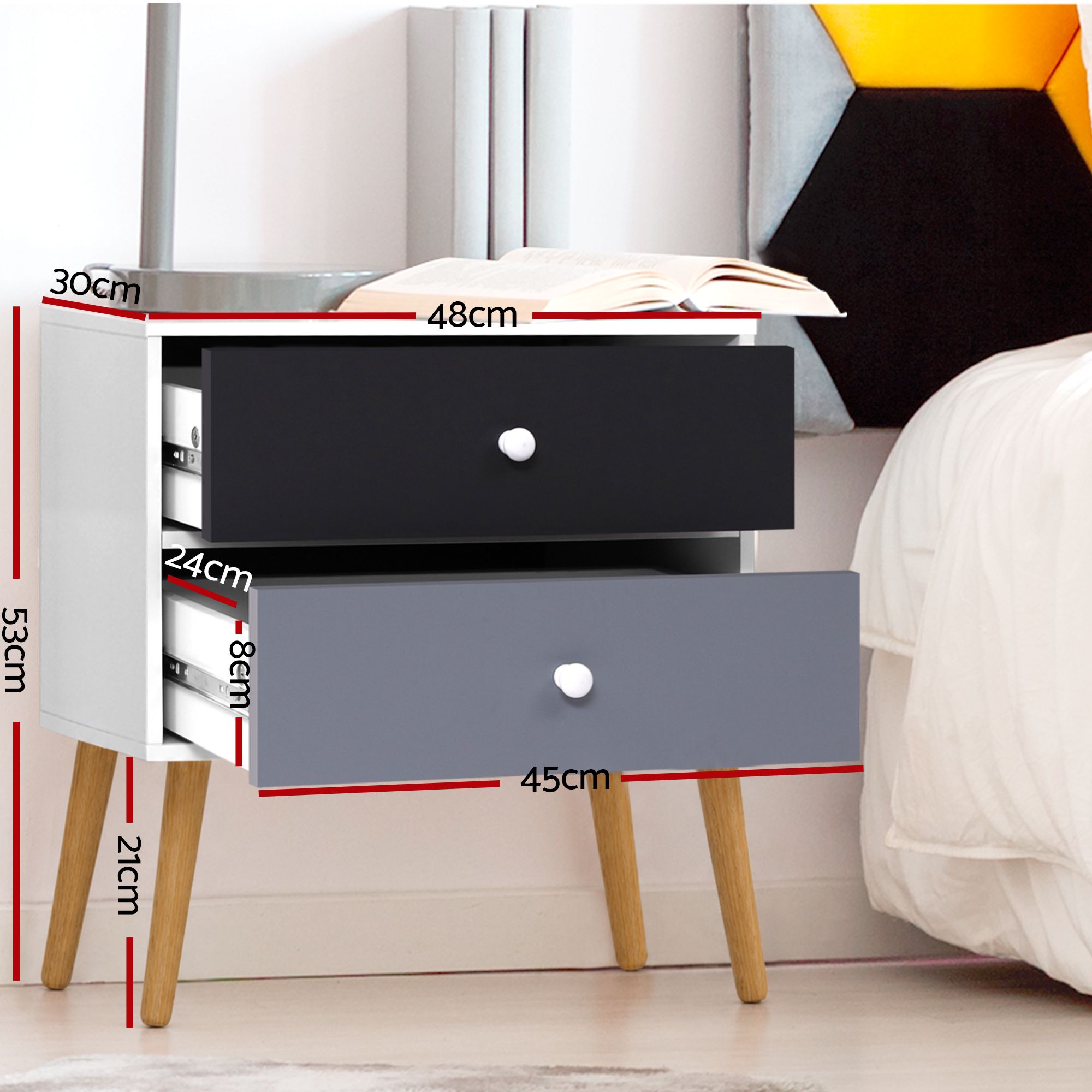 Artiss Bedside Table 2 Drawers - BONDS White FURNI-E-SCAN-BS03-WHBK
