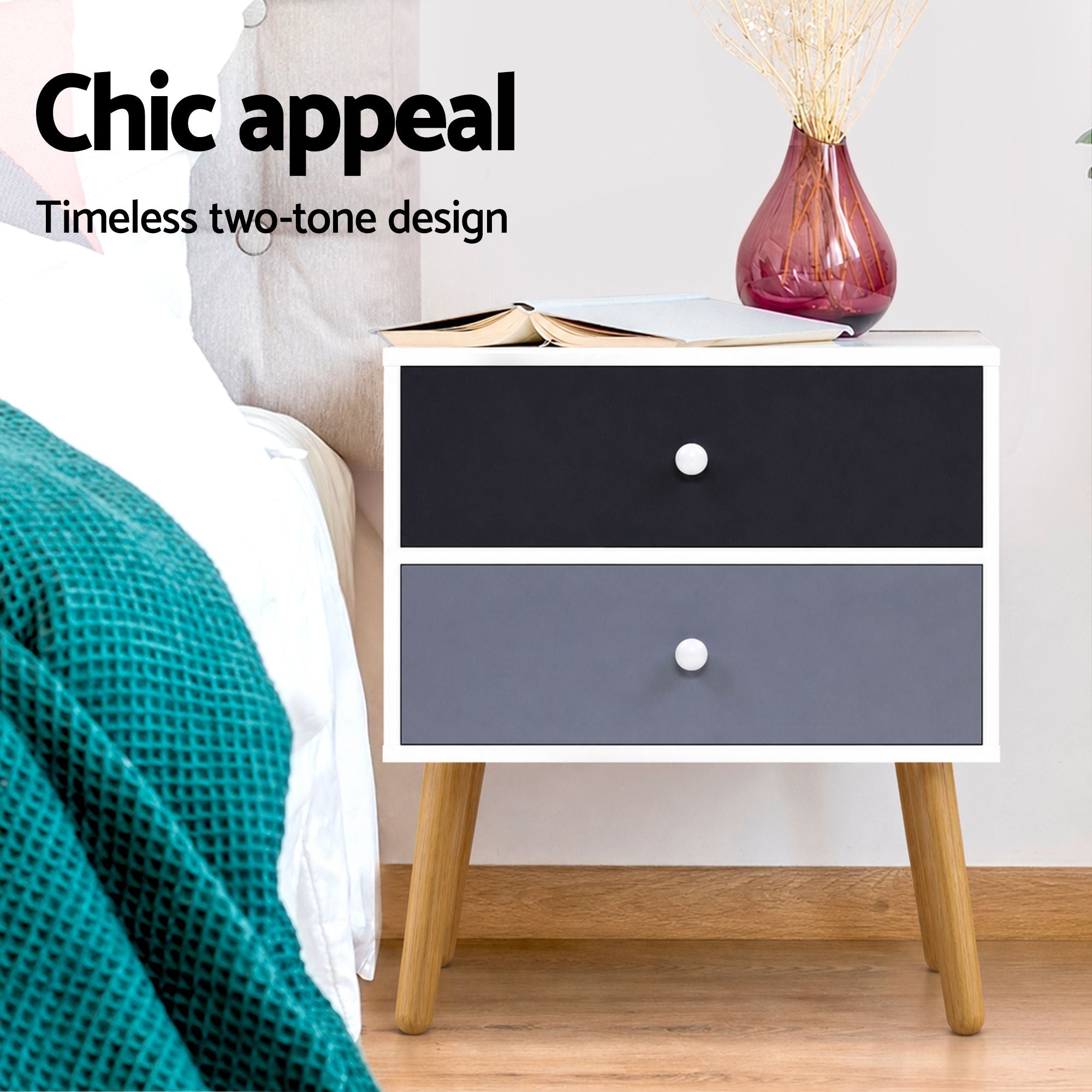 Artiss Bedside Table 2 Drawers - BONDS White FURNI-E-SCAN-BS03-WHBK