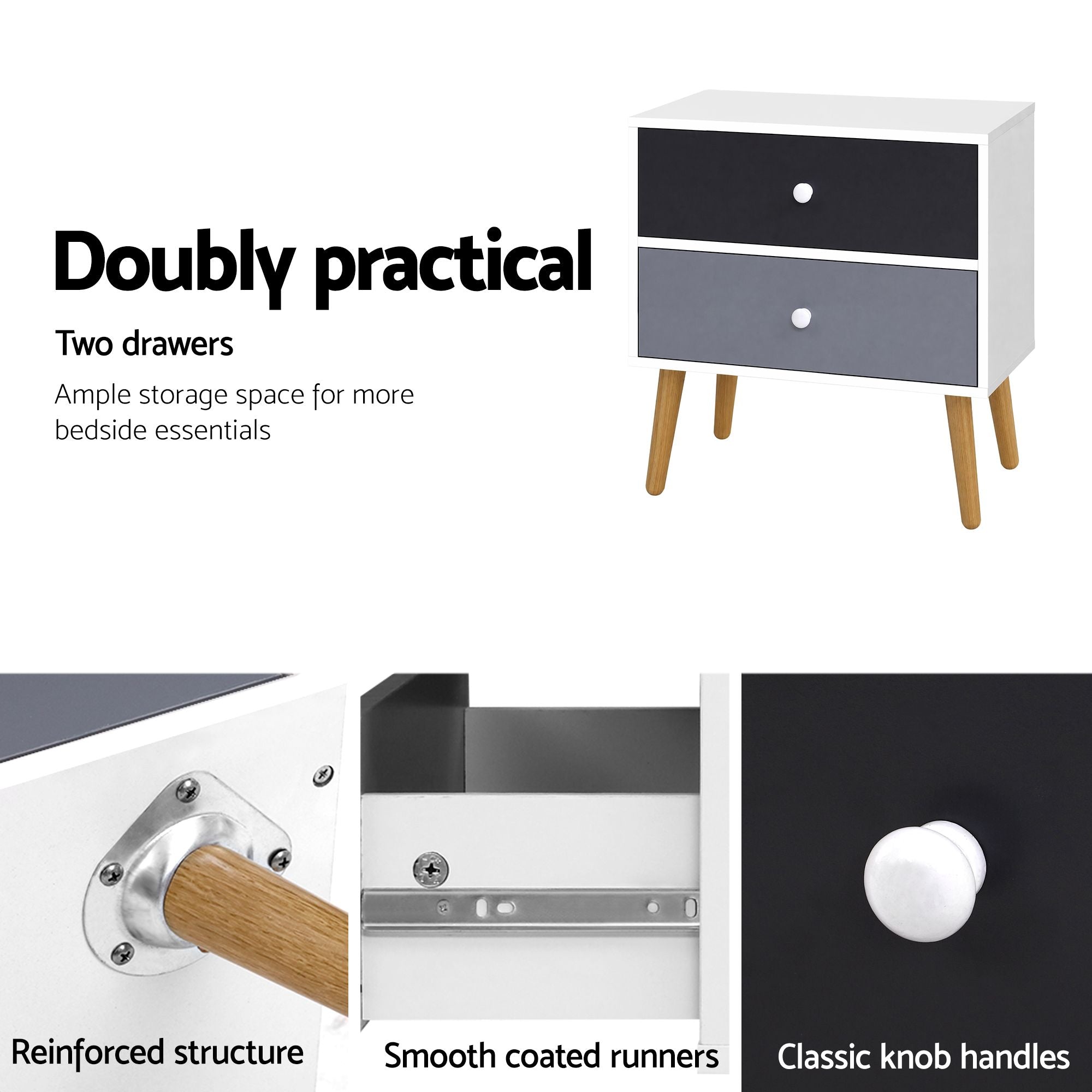 Artiss Bedside Table 2 Drawers - BONDS White FURNI-E-SCAN-BS03-WHBK