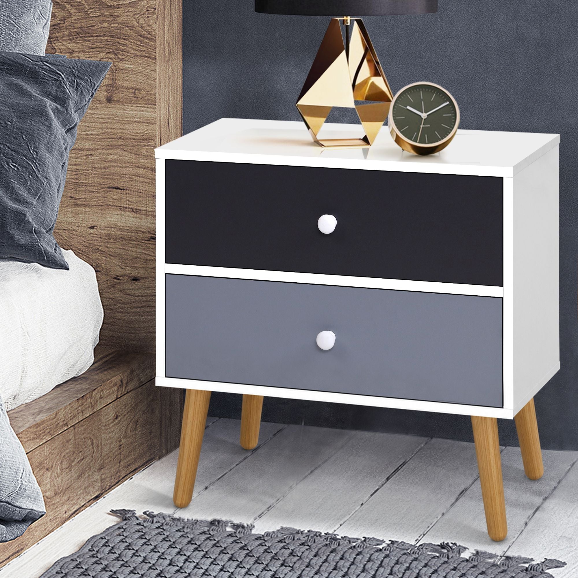 Artiss Bedside Table 2 Drawers - BONDS White FURNI-E-SCAN-BS03-WHBK