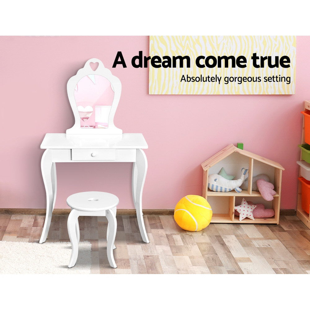 Keezi Kids Dressing Table Stool Set Vanity Mirror Princess Children Makeup White FURNI-G-054-KDT-WH