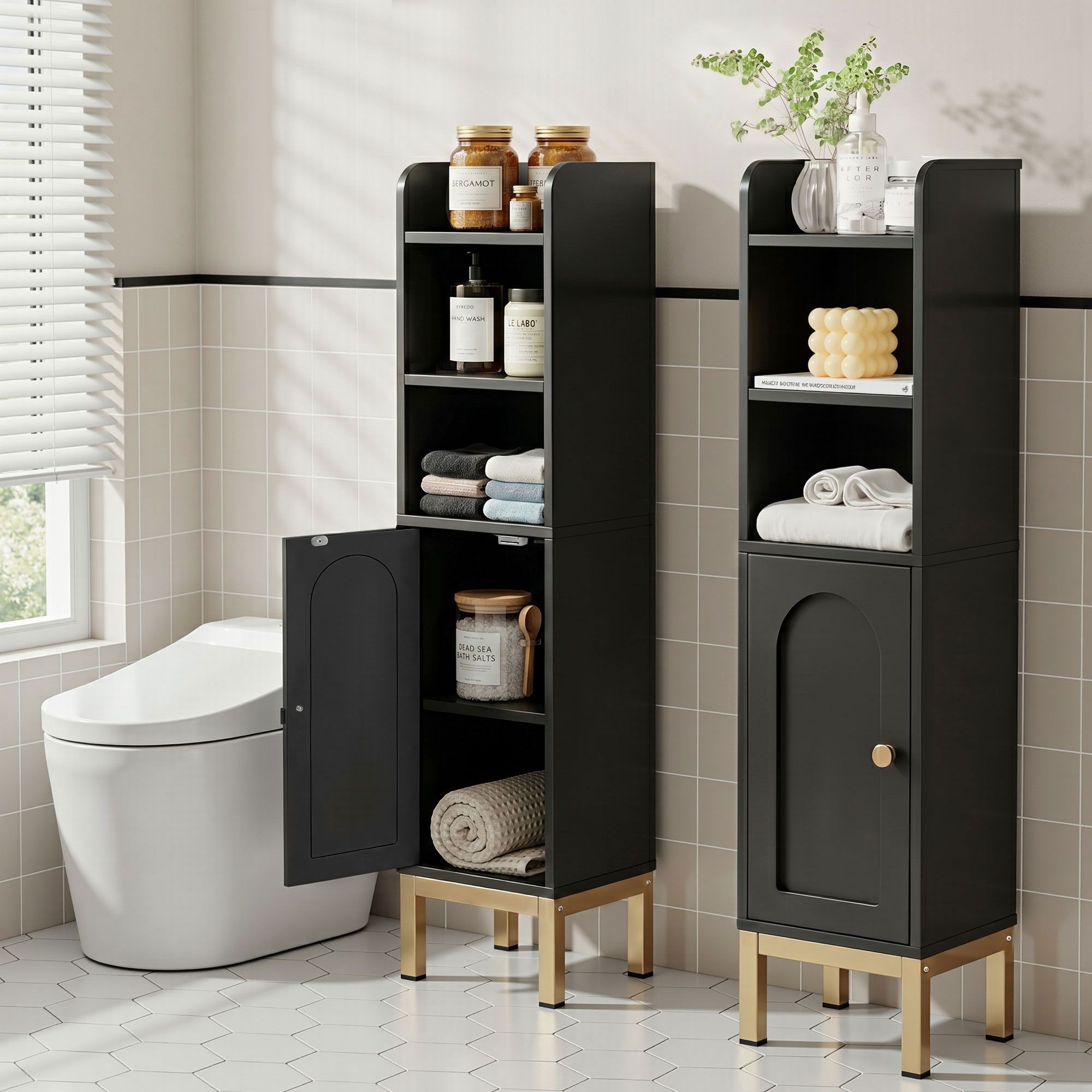 Artiss 2X Bathroom Storage Cabinet Floor Organizer Toilet Corner Adjustable Black FURNI-G-BATH-AZ01-BKX2