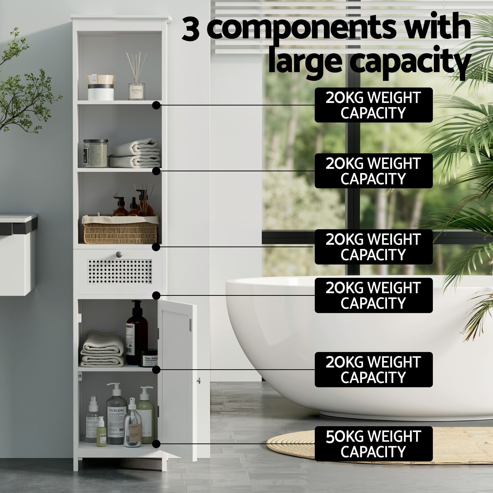 Artiss Bathroom Cabinet Storage X2 White Rattan 161cm FURNI-G-BATH-RAT-01-WHX2