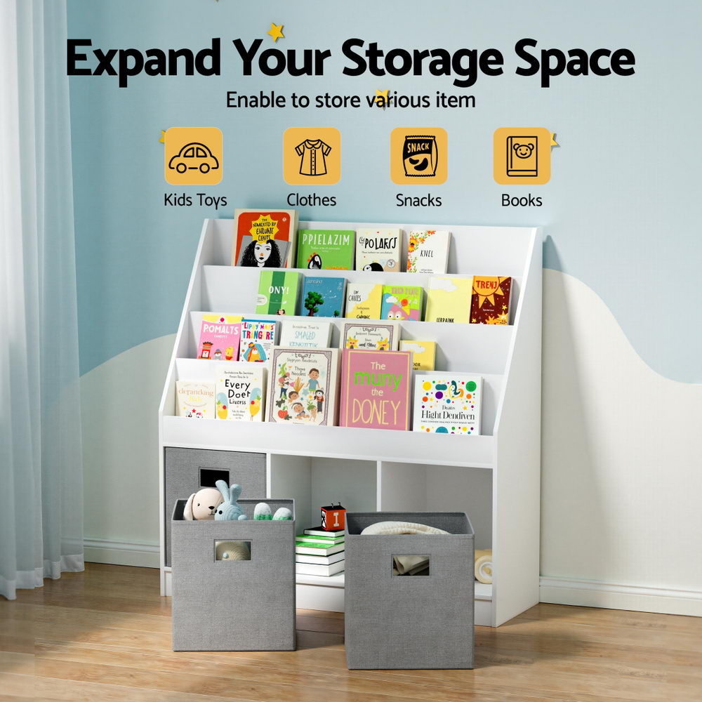 Keezi Kids Bookshelf 4 Tiers Magazine Rack Toy Box Organiser Storage Display Shelf FURNI-G-BOOK-BOX-WHGY