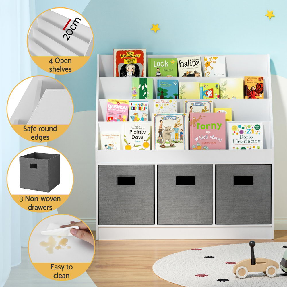 Keezi Kids Bookshelf 4 Tiers Magazine Rack Toy Box Organiser Storage Display Shelf FURNI-G-BOOK-BOX-WHGY
