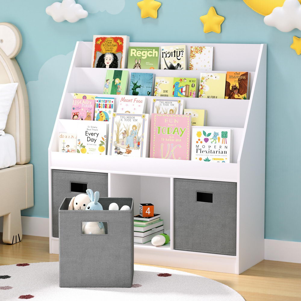 Keezi Kids Bookshelf 4 Tiers Magazine Rack Toy Box Organiser Storage Display Shelf FURNI-G-BOOK-BOX-WHGY