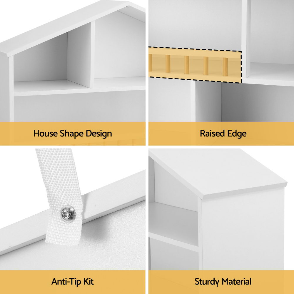 Keezi 4 Tiers Kids Bookshelf Wooden Bookcase Display Storage Organiser Cabinet White FURNI-G-BOOK-HOUSE-WH