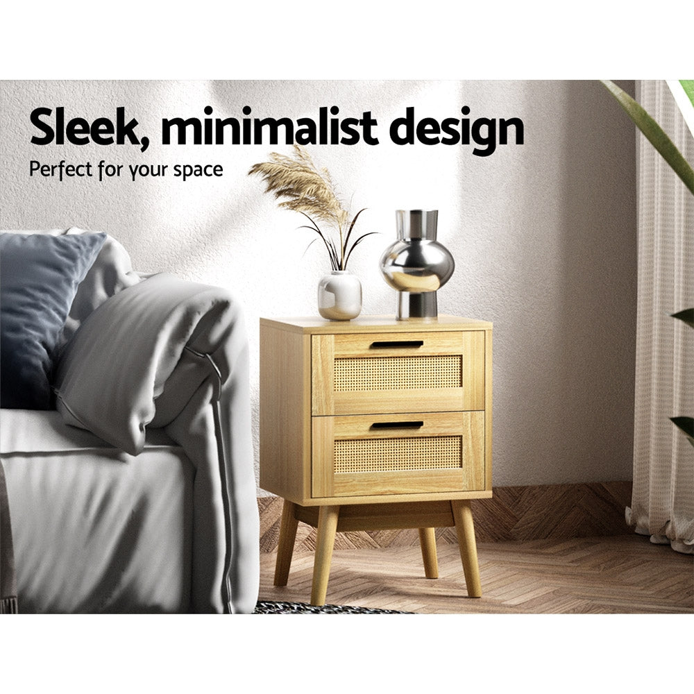 Artiss Rattan Bedside Table 2 Drawers Wood - RIE Oak FURNI-G-BS-RAT-02-WD