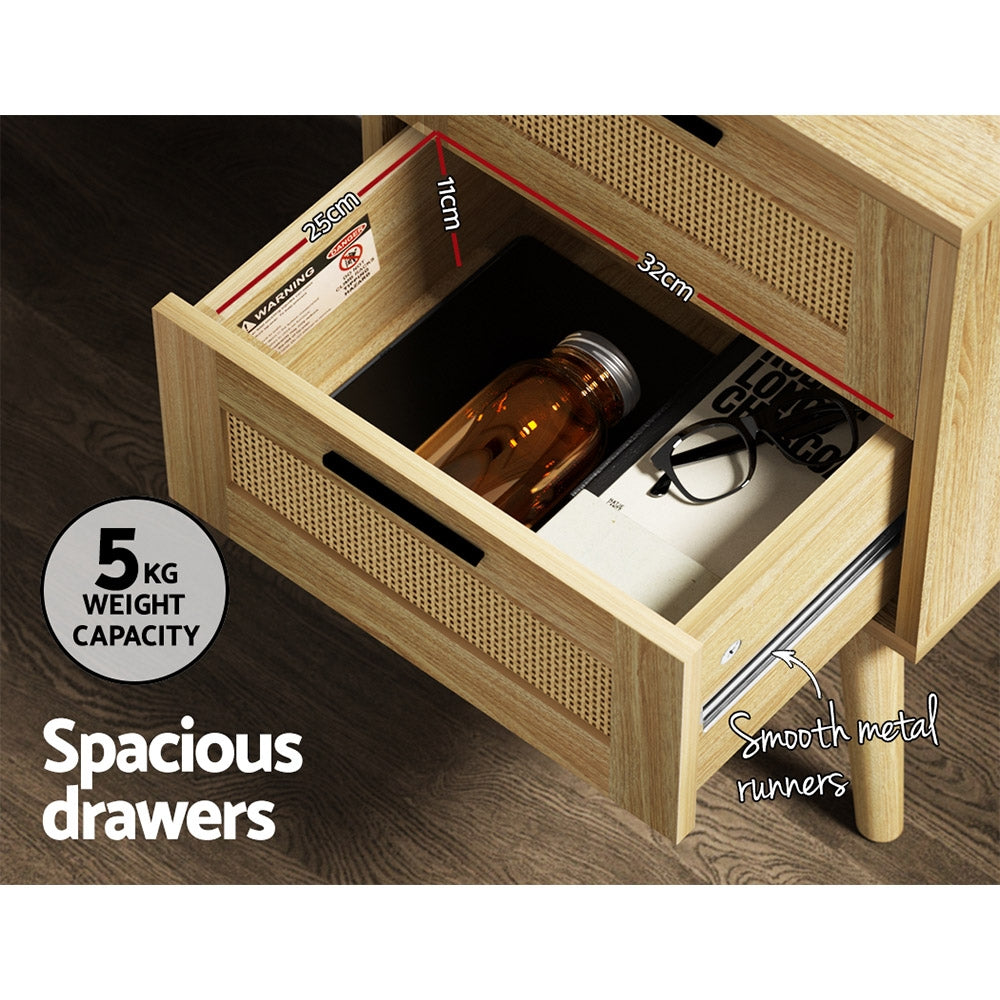 Artiss Rattan Bedside Table 2 Drawers Wood - RIE Oak FURNI-G-BS-RAT-02-WD