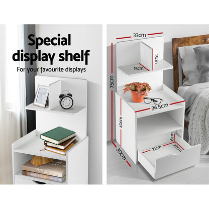 Artiss Bedside Table 1 Drawer with Shelves - EVERMORE White FURNI-G-BSIDE-P16-WH