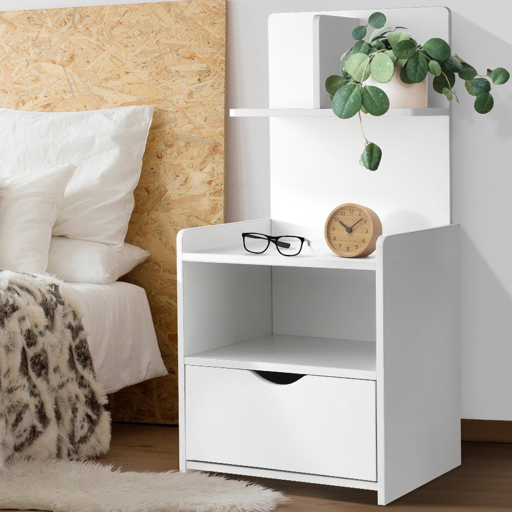 Artiss Bedside Table 1 Drawer with Shelves - EVERMORE White FURNI-G-BSIDE-P16-WH
