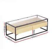 Artiss Coffee Table 2 Drawers Glass Tabletop Pine FURNI-G-COF-02-WDBK