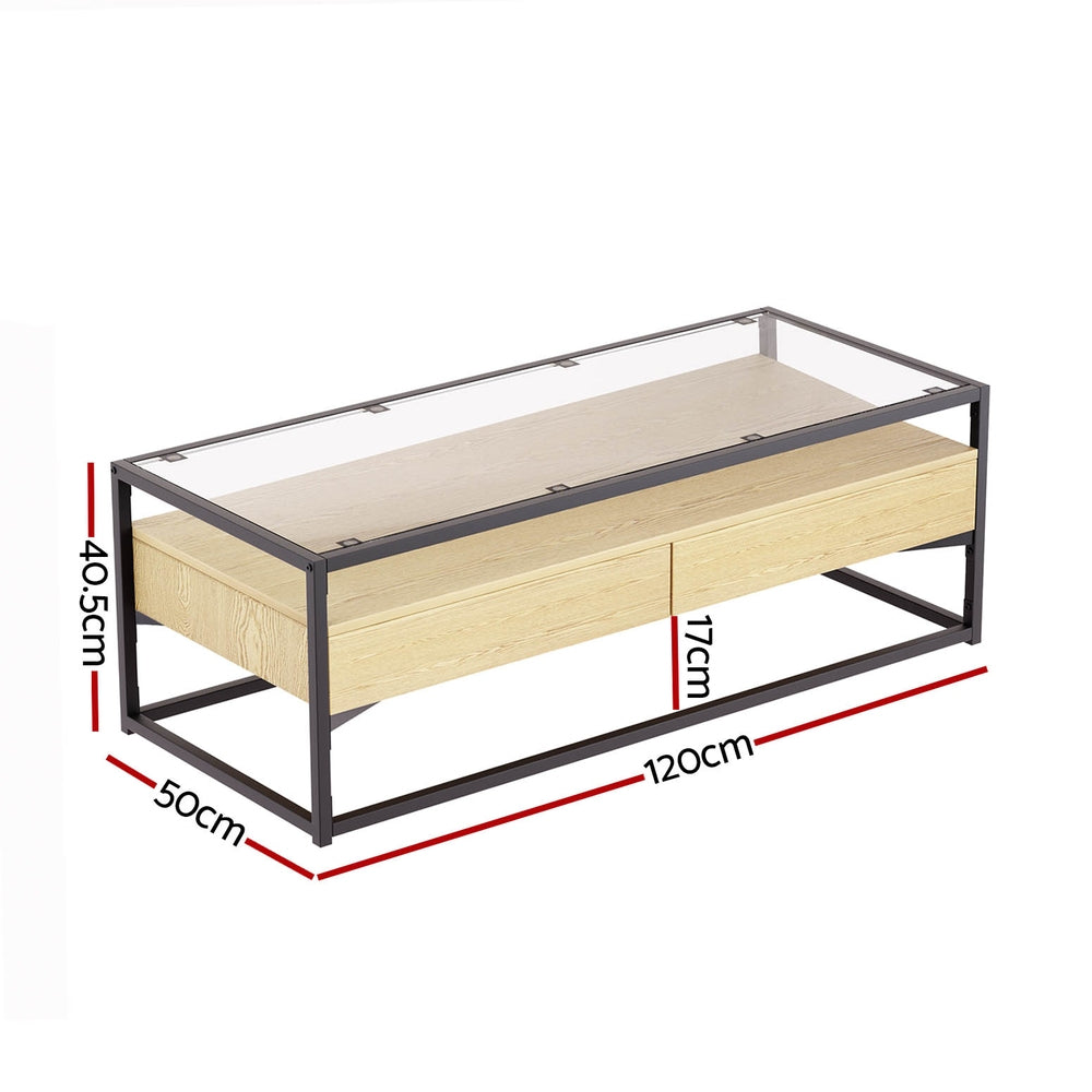 Artiss Coffee Table 2 Drawers Glass Tabletop Pine FURNI-G-COF-02-WDBK