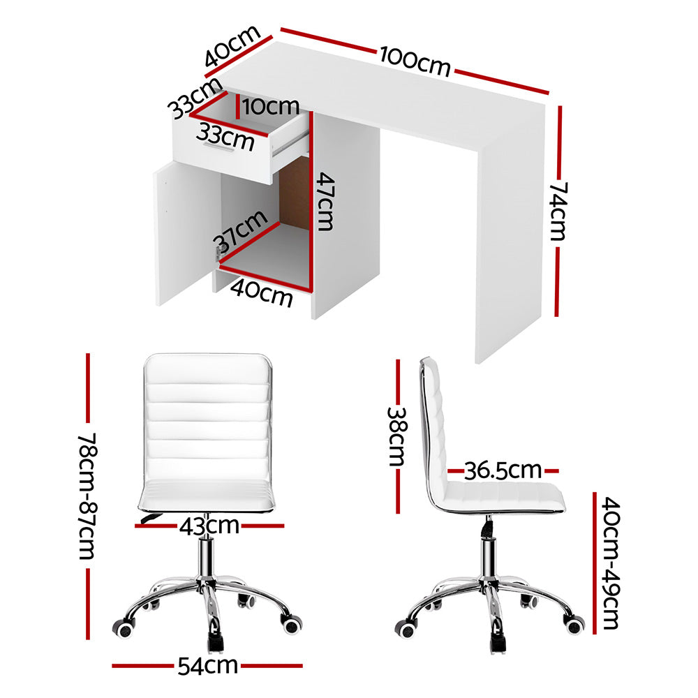 Artiss Computer Desk Office Chair Set PU Leather Home Study Table 100cm White FURNI-G-DESK-100-REPL-WH