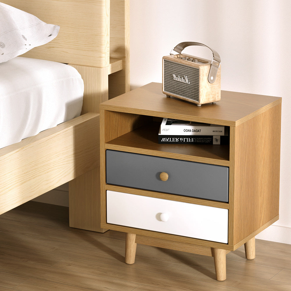 Artiss Bedside Table 2 Drawers with Shelf - BERTHA Oak FURNI-G-EXO-SIDE-01-WD