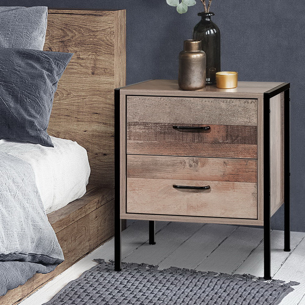 Artiss Bedside Table 2 Drawers - BARNLY FURNI-G-IND-BSIDE-03-WD
