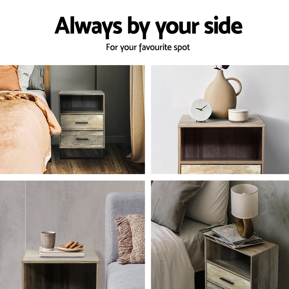 Artiss Bedside Table 2 Drawers with Shelf - BADAN FURNI-G-IND-BSIDE-05-WD