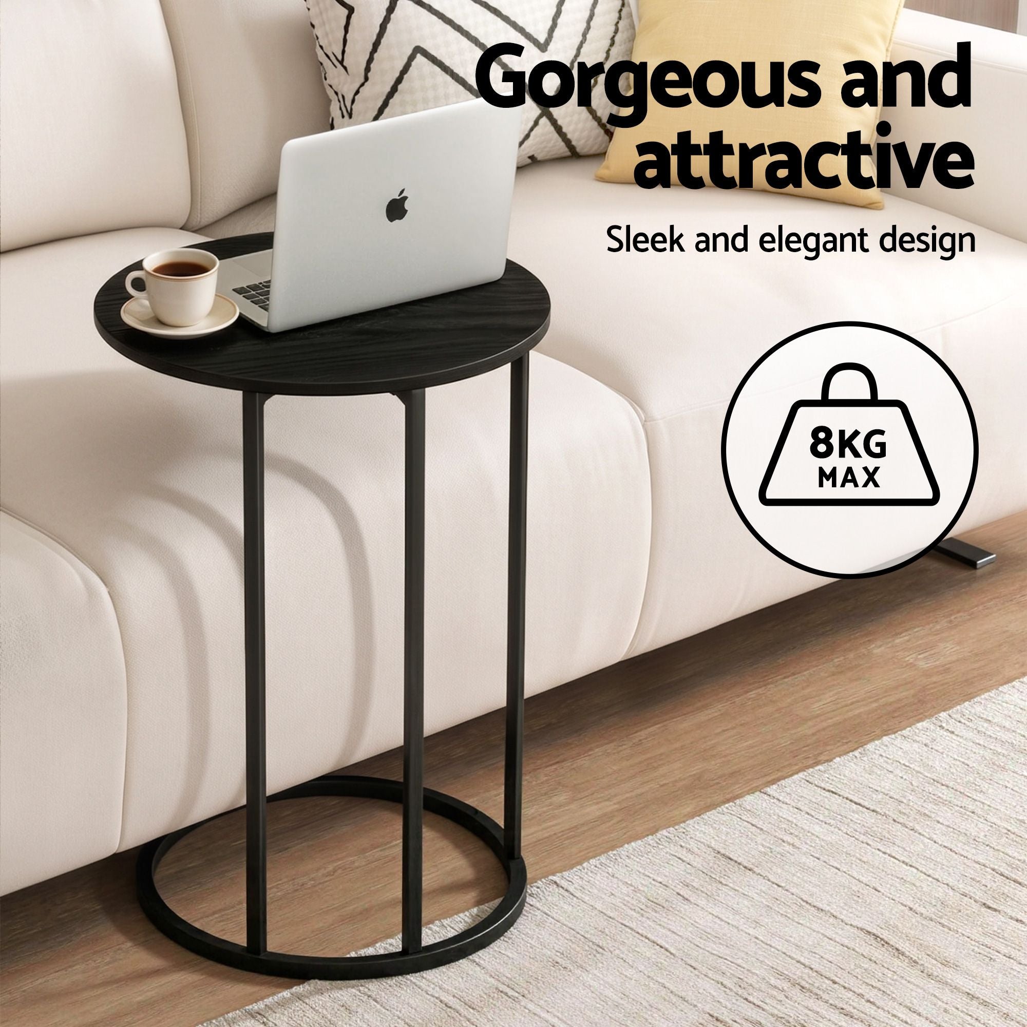 Artiss C Shaped End Table Set of 2 Coffee Table Side Table Round Black FURNI-G-IND-COF-01-BKX2