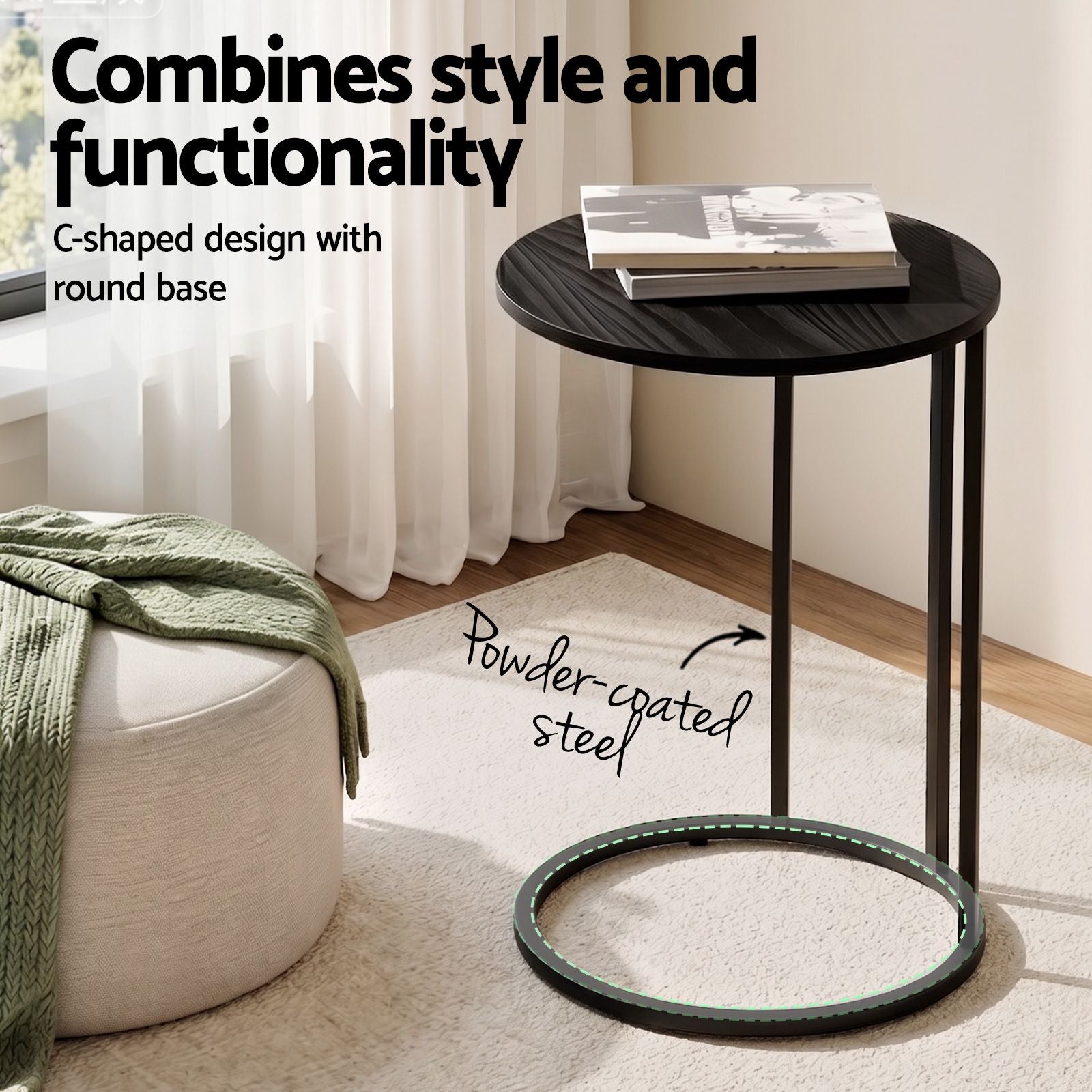 Artiss C Shaped End Table Set of 2 Coffee Table Side Table Round Black FURNI-G-IND-COF-01-BKX2