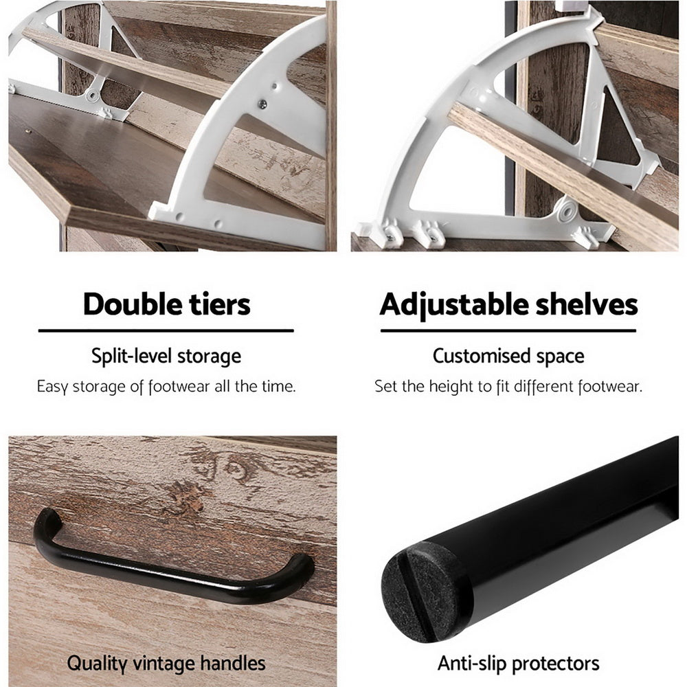 Artiss 12 Pair Wooden Vintage Shoe Rack Storage Cabinet - Wood FURNI-G-IND-SHOE-01-WD