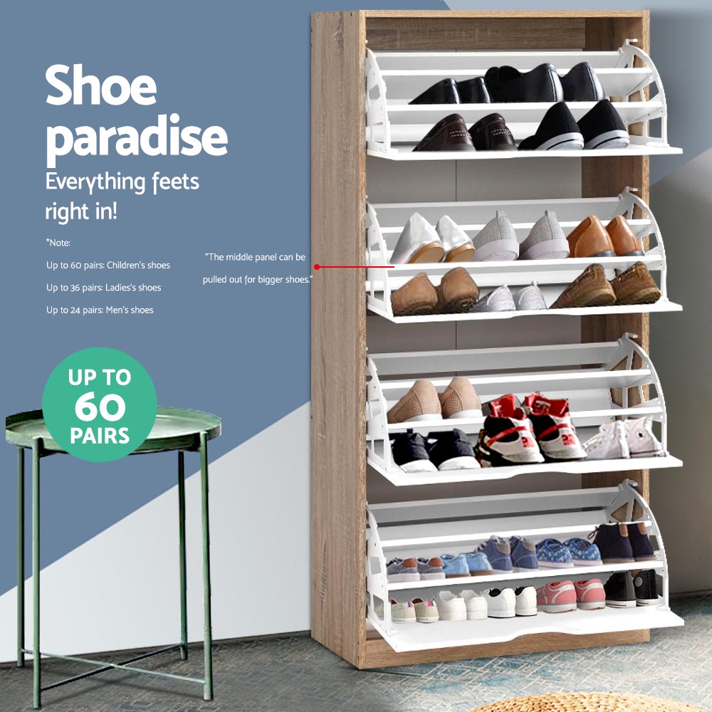 Artiss Shoe Rack Cabinet 60 Pairs 4-tier White Elen FURNI-G-SHOE-4D3R-WD-WH-AB