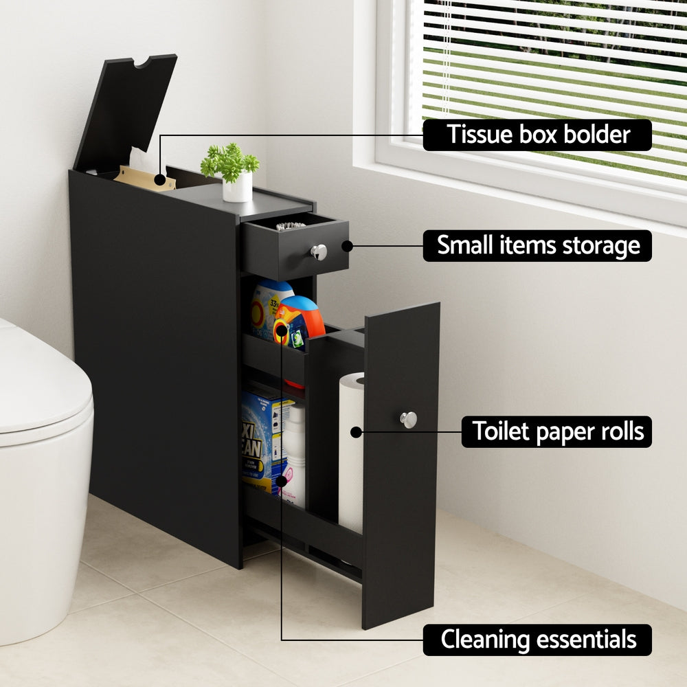 Artiss Bathroom Storage Cabinet Toilet Slim Tissue Box Caddy Holder Side Wooden Black FURNI-G-TIS382-BK