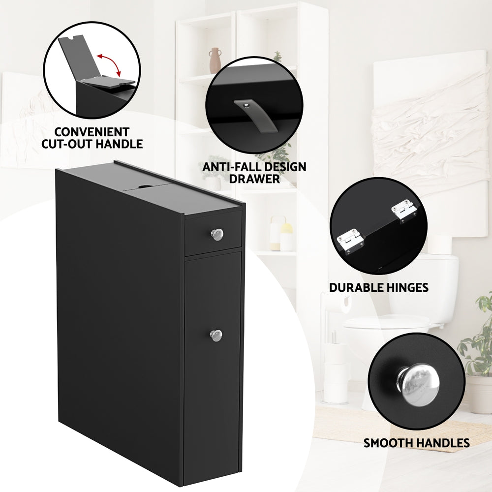 Artiss Bathroom Storage Cabinet Toilet Slim Tissue Box Caddy Holder Side Wooden Black FURNI-G-TIS382-BK