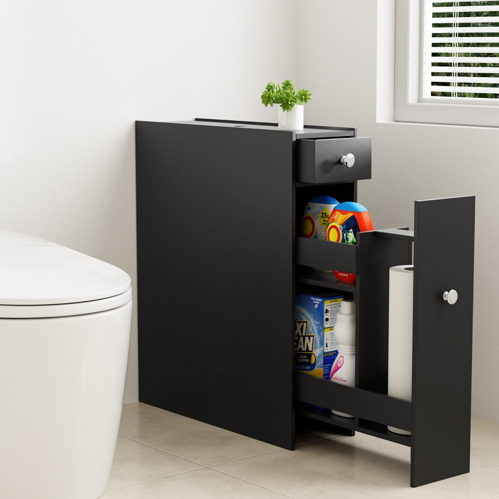 Artiss Bathroom Storage Cabinet Toilet Slim Tissue Box Caddy Holder Side Wooden Black FURNI-G-TIS382-BK